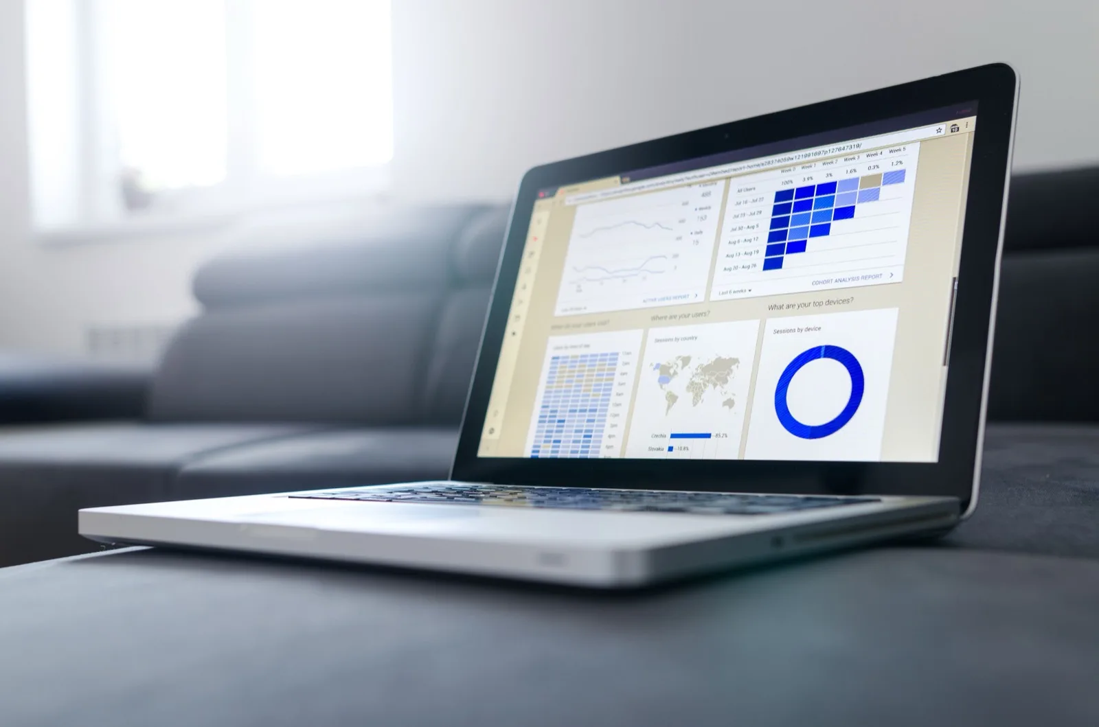 Laptop met een website-analyticsdashboard vol bezoekersgrafieken