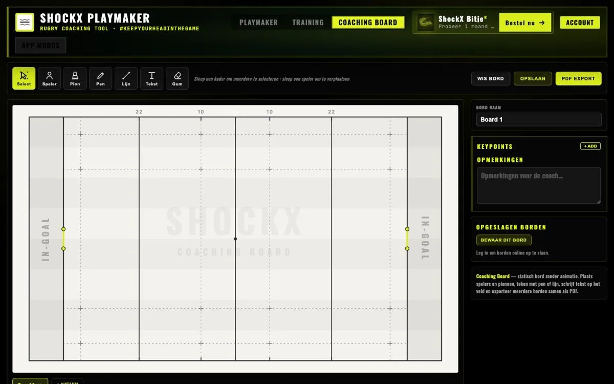 Het Coaching Board: een licht whiteboard-veld met pen-, lijn- en teksttools en PDF-export