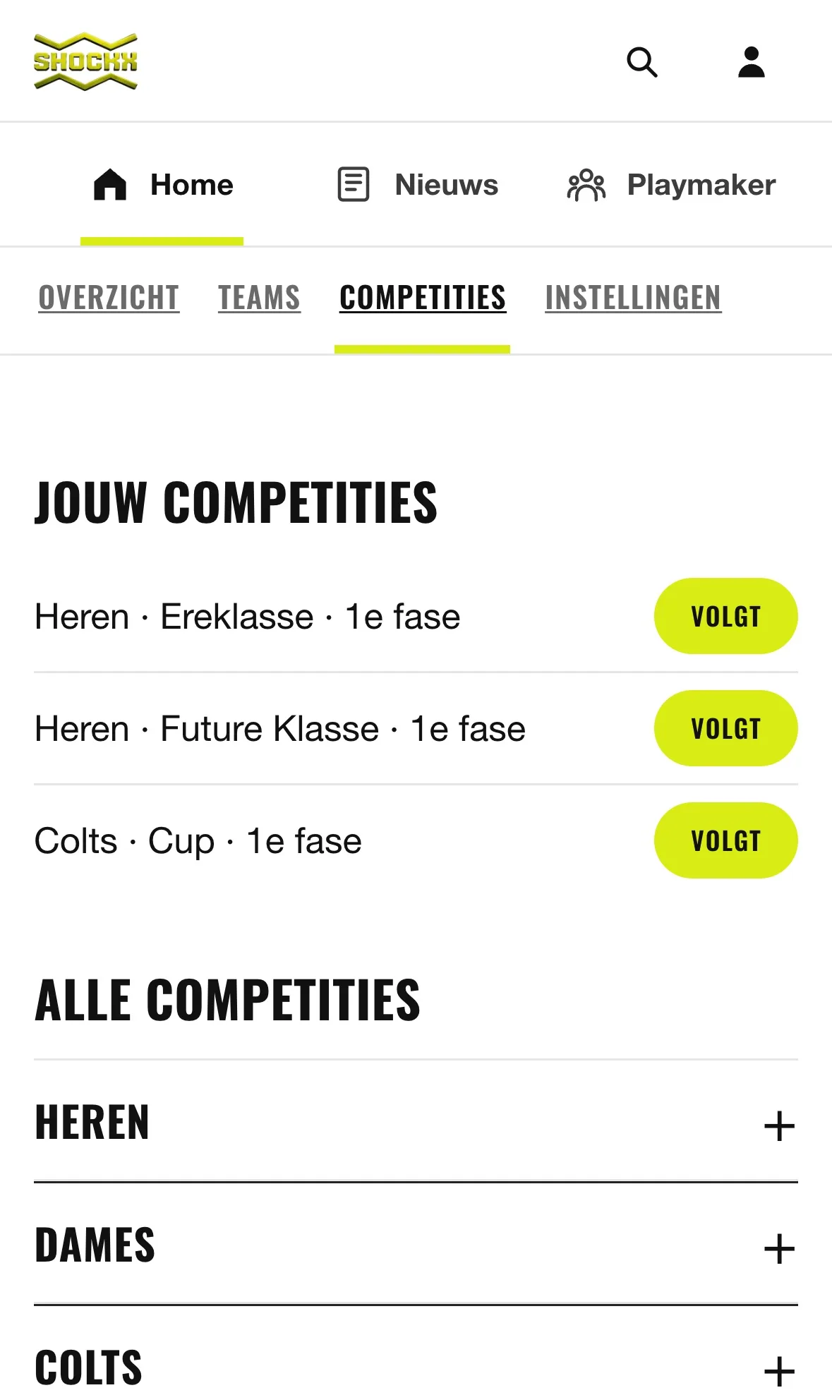 Competitie-overzicht op shockx.nl: gevolgde competities en alle competities per categorie