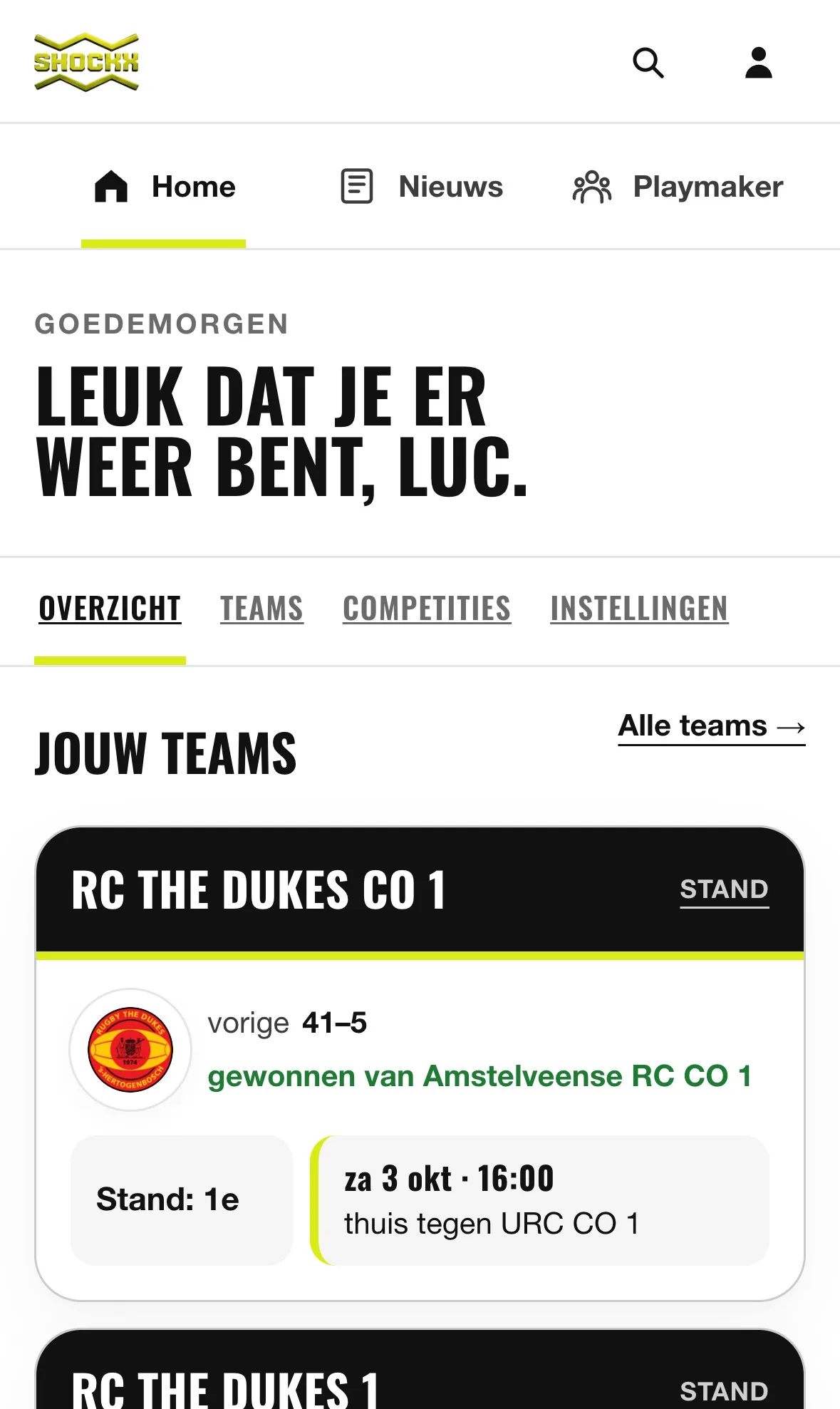 Ingelogde homepage van shockx.nl op een telefoon: persoonlijke begroeting en de teams die je volgt, met laatste uitslag, stand en volgende wedstrijd