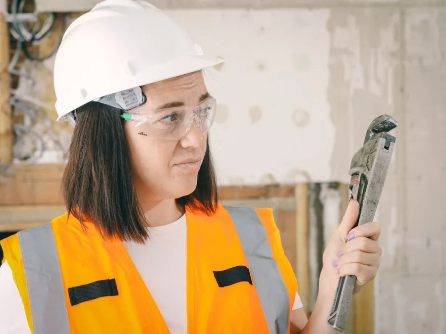 Technicus met veiligheidshelm, bril en pijptang op een werklocatie