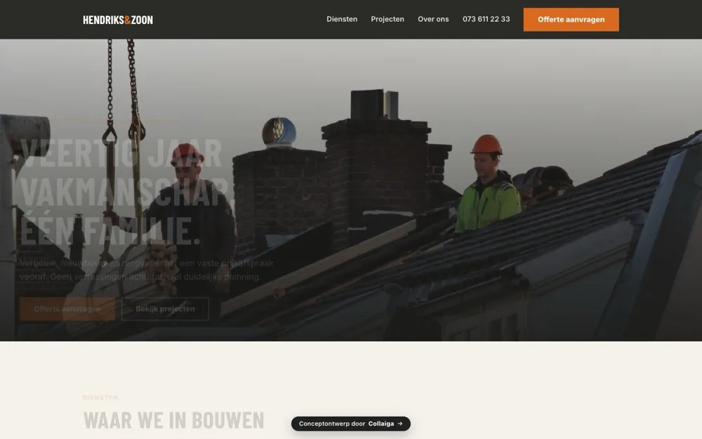 Homepage van Hendriks en Zoon: zakelijke aannemerssite met projectfoto en oranje accent