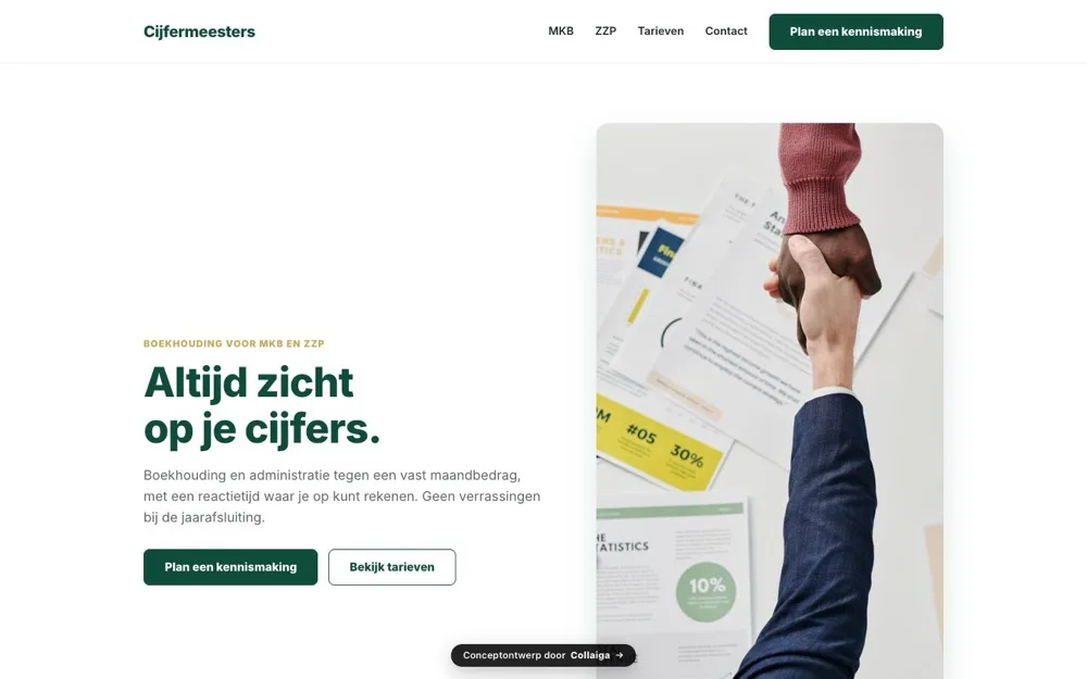 Homepage van administratiekantoor Cijfermeesters: groene zakelijke site met reactietijd en vast maandtarief