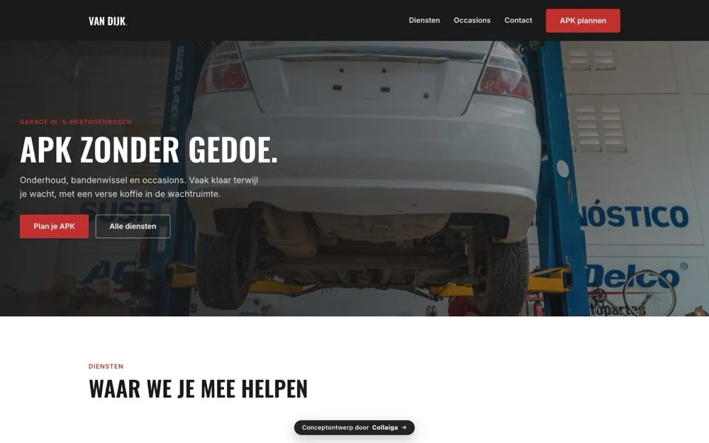 Homepage van Autobedrijf Van Dijk, conceptontwerp voor een garage in Den Bosch