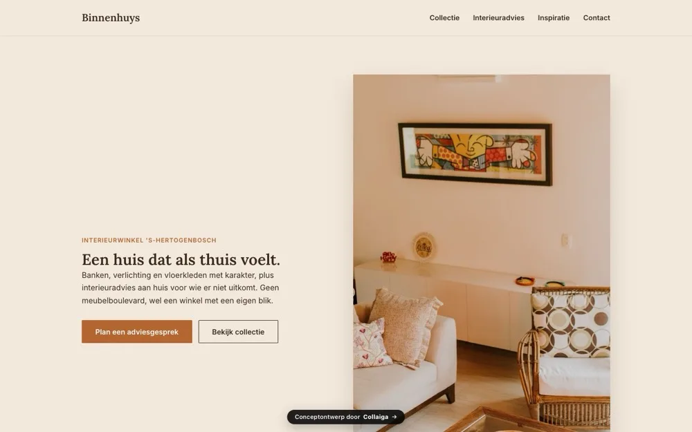 Homepage van interieurwinkel Binnenhuys: warme terracotta site met interieurfoto en adviesknop
