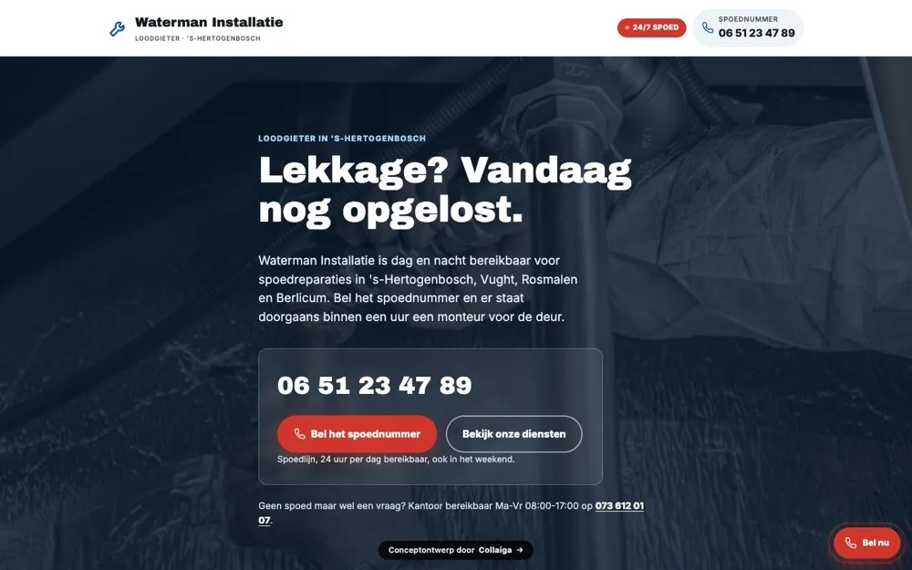 Homepage van Waterman Installatie: blauwe loodgieterssite met spoednummer en aanrijtijd