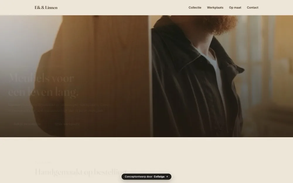 Homepage van meubelmakerij Eik en Linnen: rustige site met houttinten en werkplaatsfoto