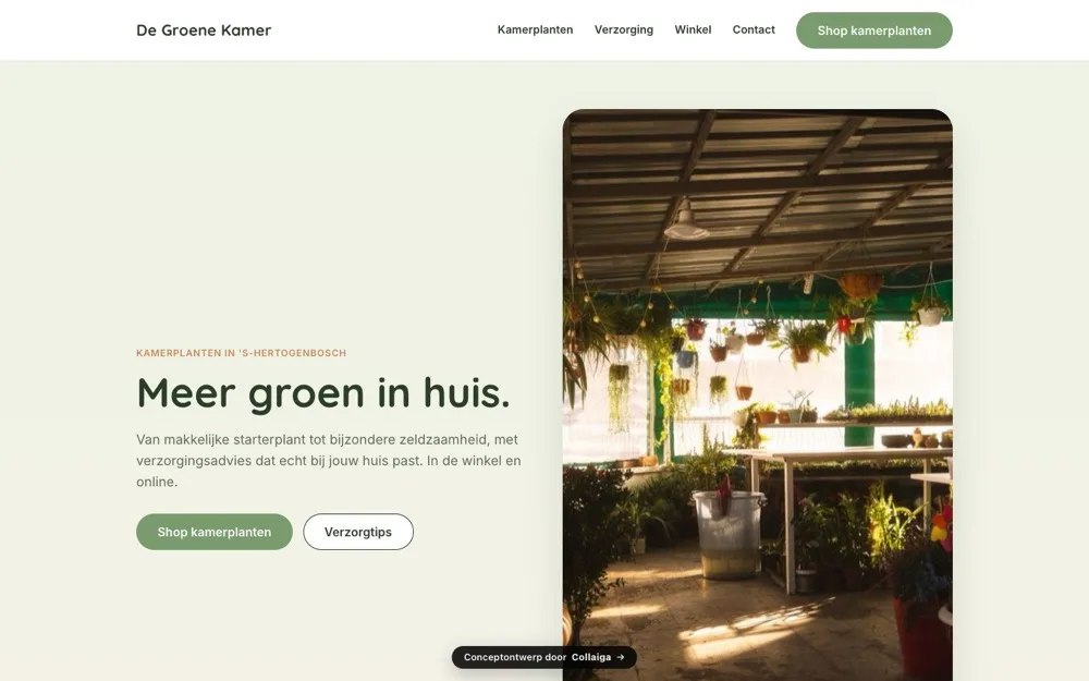 Homepage van De Groene Kamer: frisgroene plantenwinkelsite met productgrid en prijzen