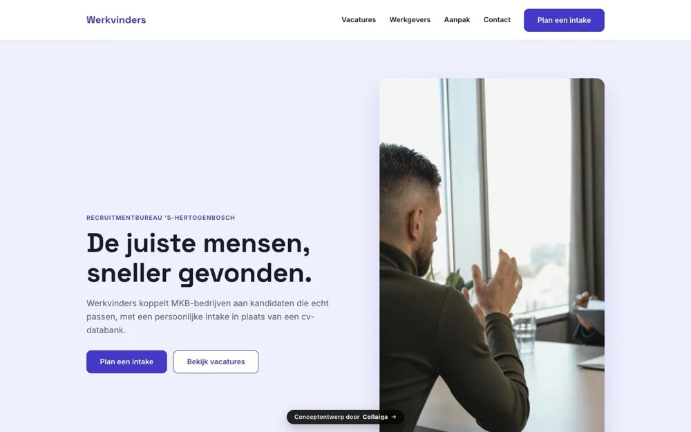 Homepage van recruitmentbureau Werkvinders: indigo site met cijfers over dagen tot een match