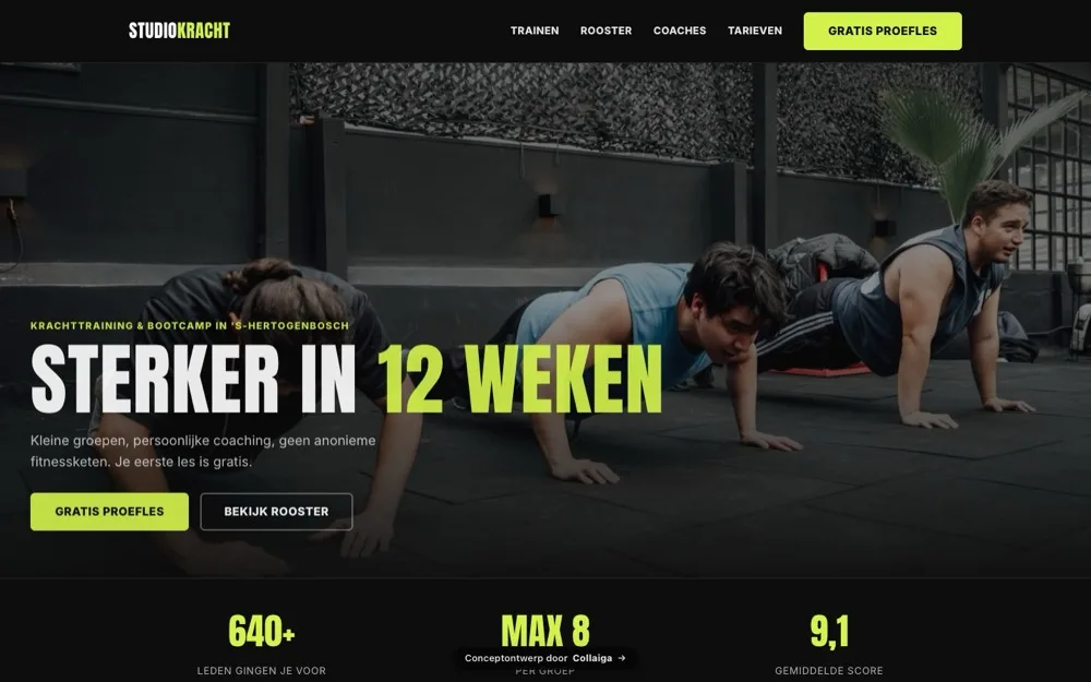 Homepage van Studio Kracht: donkere sportschoolsite met felgele accentkleur en grote kapitalen
