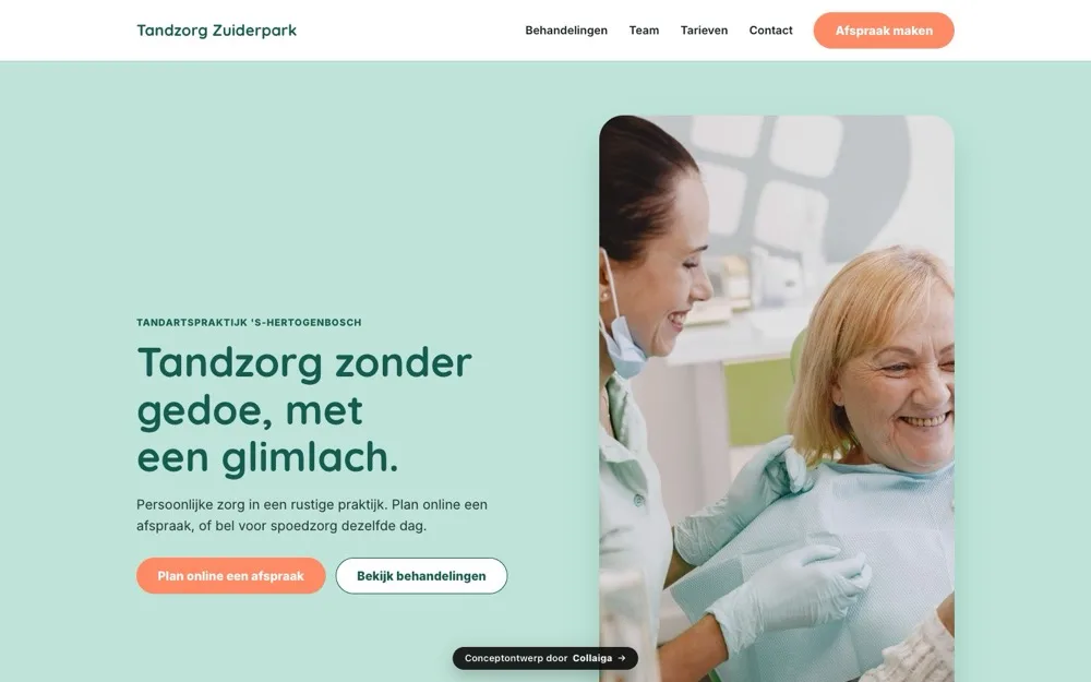 Homepage van Tandzorg Zuiderpark, conceptontwerp voor een tandartspraktijk