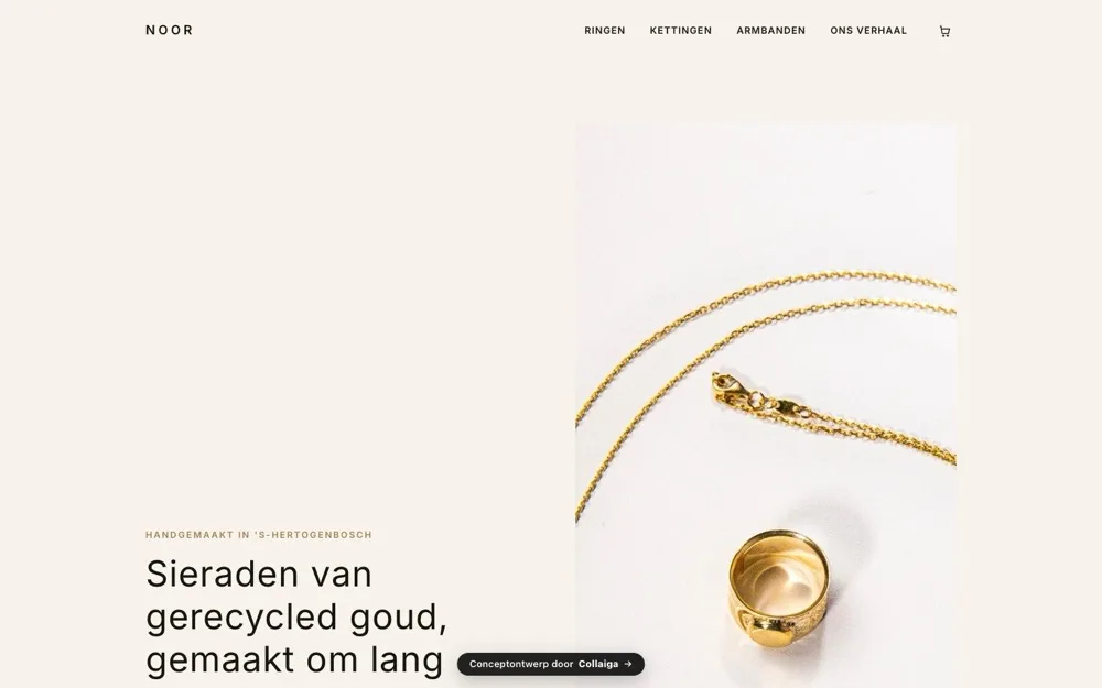 Homepage van webshop Noor Sieraden: minimalistische site met productfoto's en prijzen